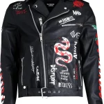 Black Leather Graffiti Print Biker Jacket