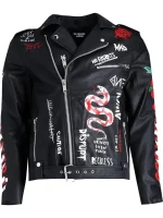 Black Leather Graffiti Print Biker Jacket