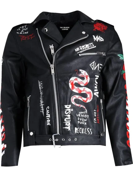 Black Leather Graffiti Print Biker Jacket