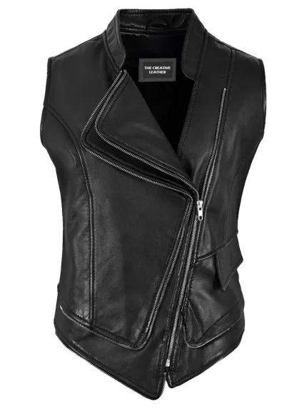 Women’s Black Lambskin Leather Punk Biker Motorcycle Waistcoat Vest