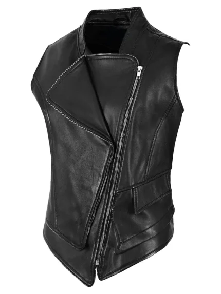 Women’s Black Lambskin Leather Punk Biker Motorcycle Waistcoat Vest 22
