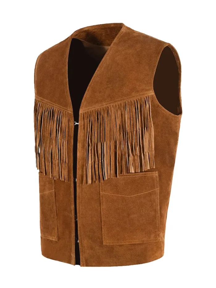 Vintage Tan Suede Fringe Leather Vest - Image 2