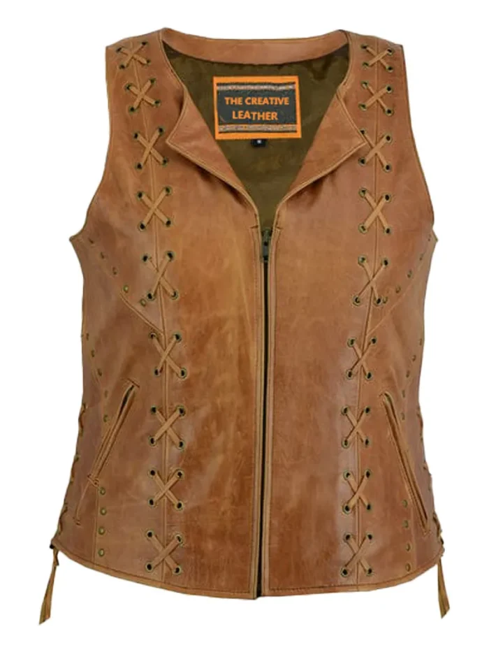Womens Brown Zippered Vest - Image 2